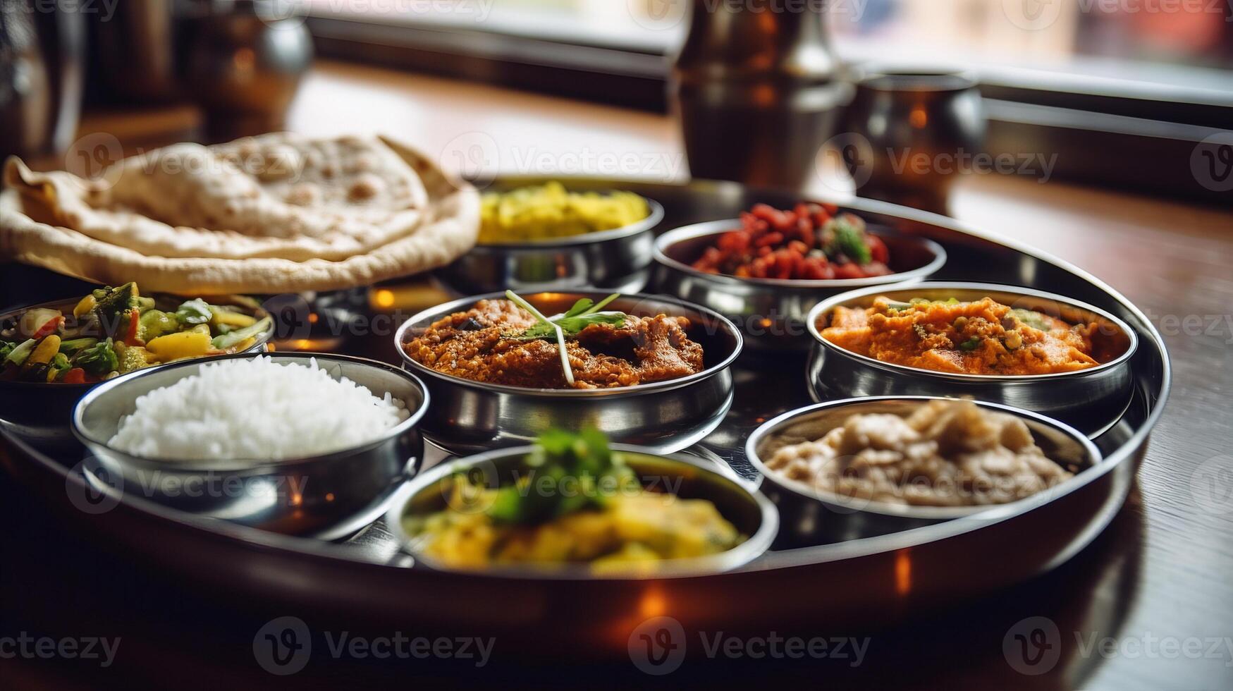 ai genererad fantastisk utsökt indisk thali maträtt symfoni av kryddor och smaker, thali nådar Kafé tabell foto