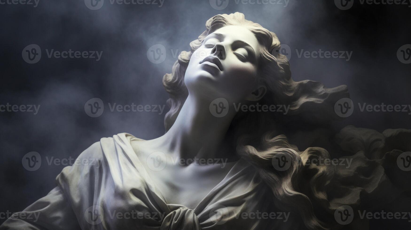 ai genererad gammal antik staty av kvinna person i mystisk dis på dyster mörk bakgrund, skön staty foto
