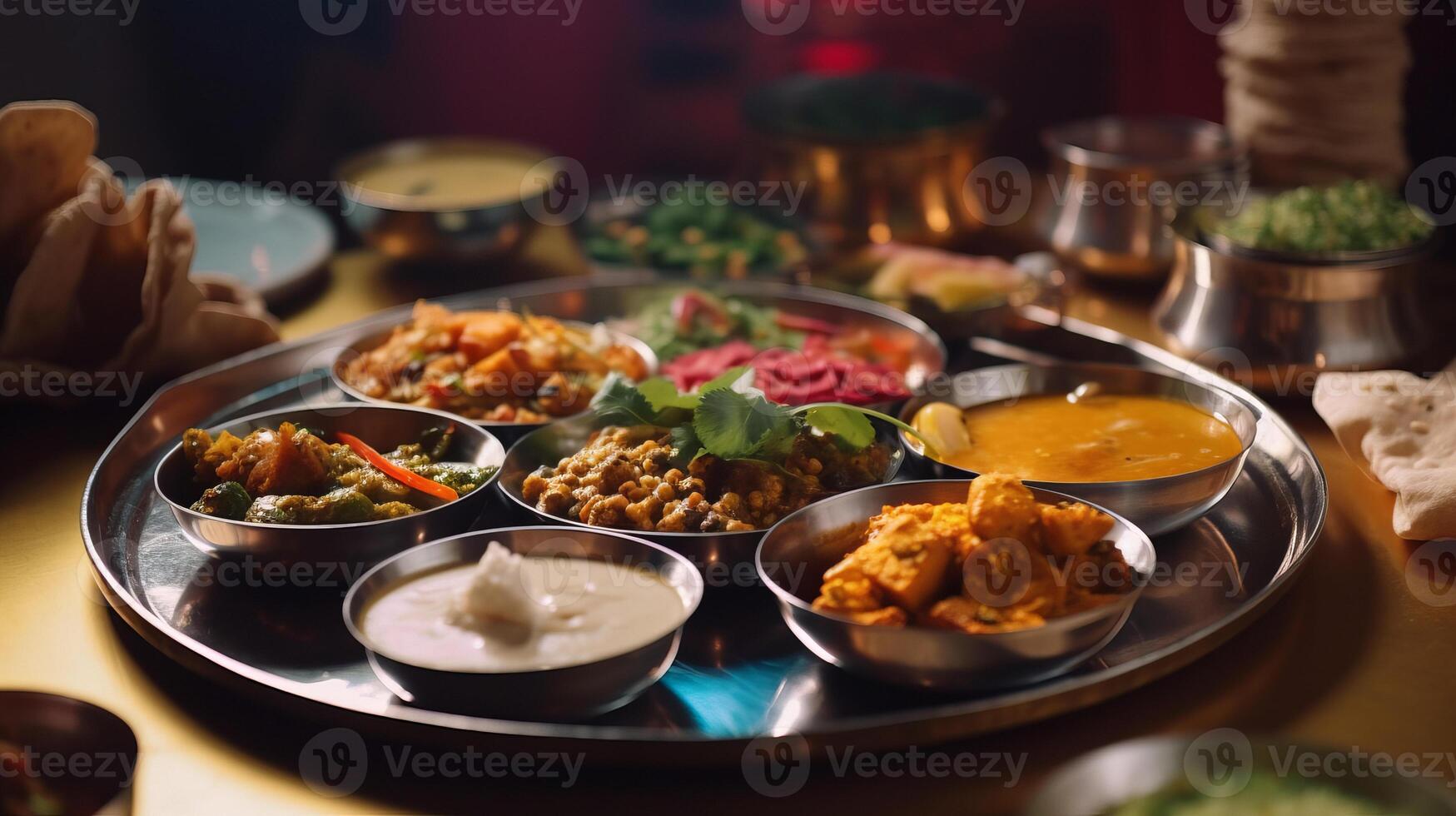 ai genererad fantastisk utsökt indisk thali maträtt symfoni av kryddor och smaker, thali nådar Kafé tabell foto
