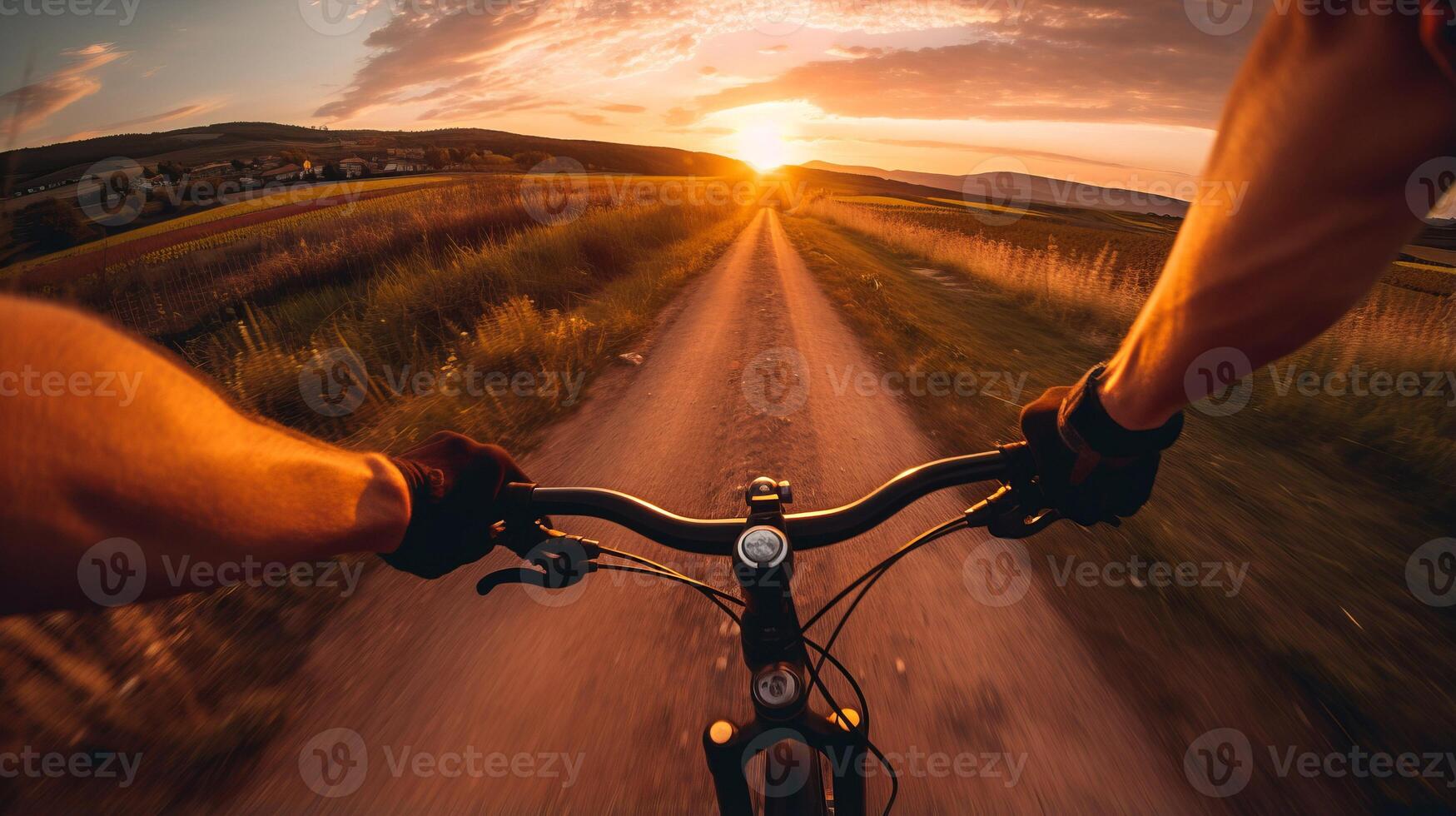 ai genererad cyklist races ner dammig spår gripande styret tätt hurtling mot miljö Sol foto