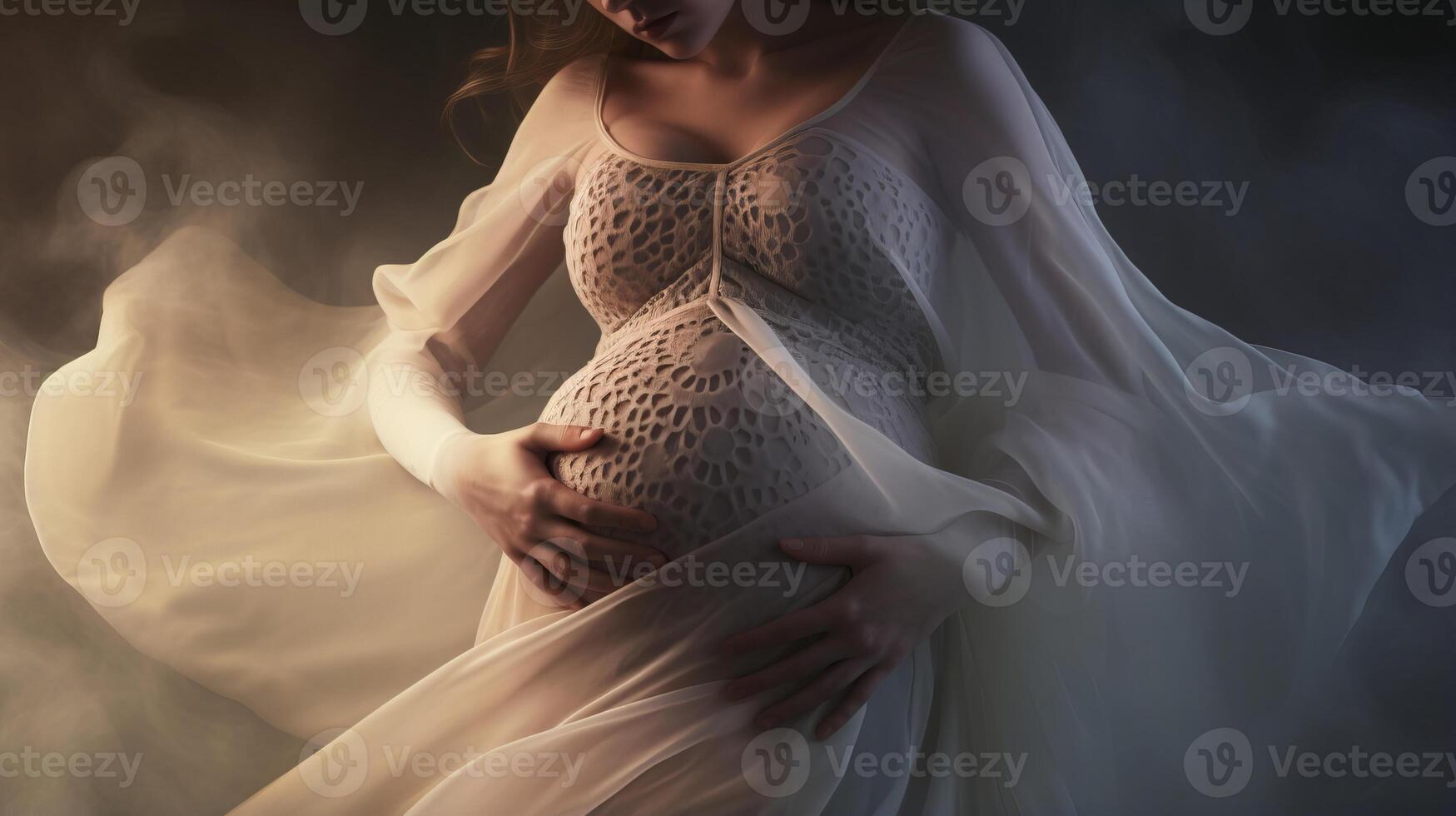ai genererad stänga upp se till kvinna händer försiktigt som vaggar henne gravid mage mitt i dimmig dimma foto