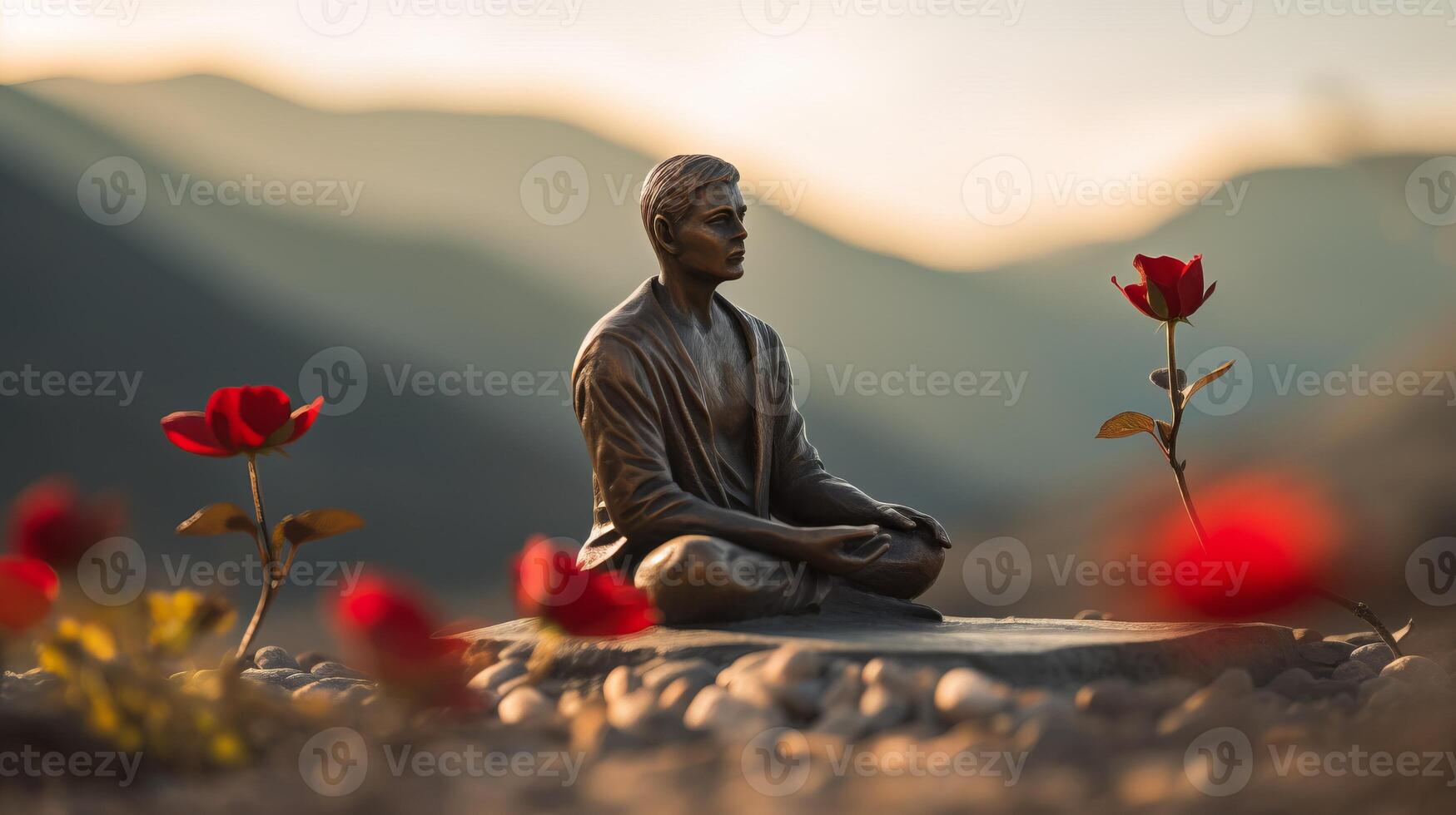 ai genererad brons statyett av mediterar manlig yogi bland röd blommor mot hisnande berg landskap foto