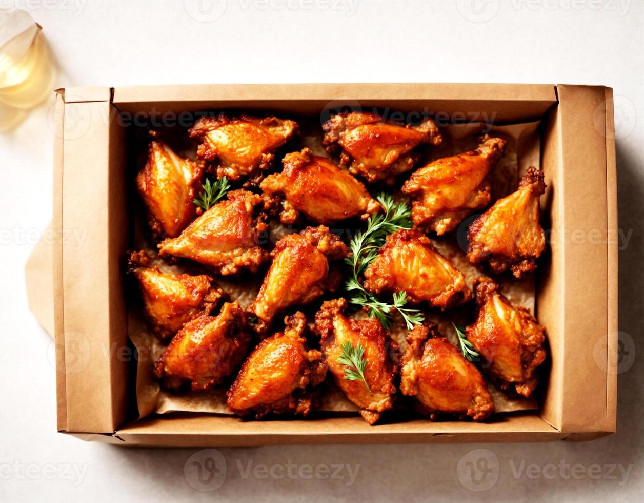 topp se, kyckling vingar i en låda på en vit bakgrund foto