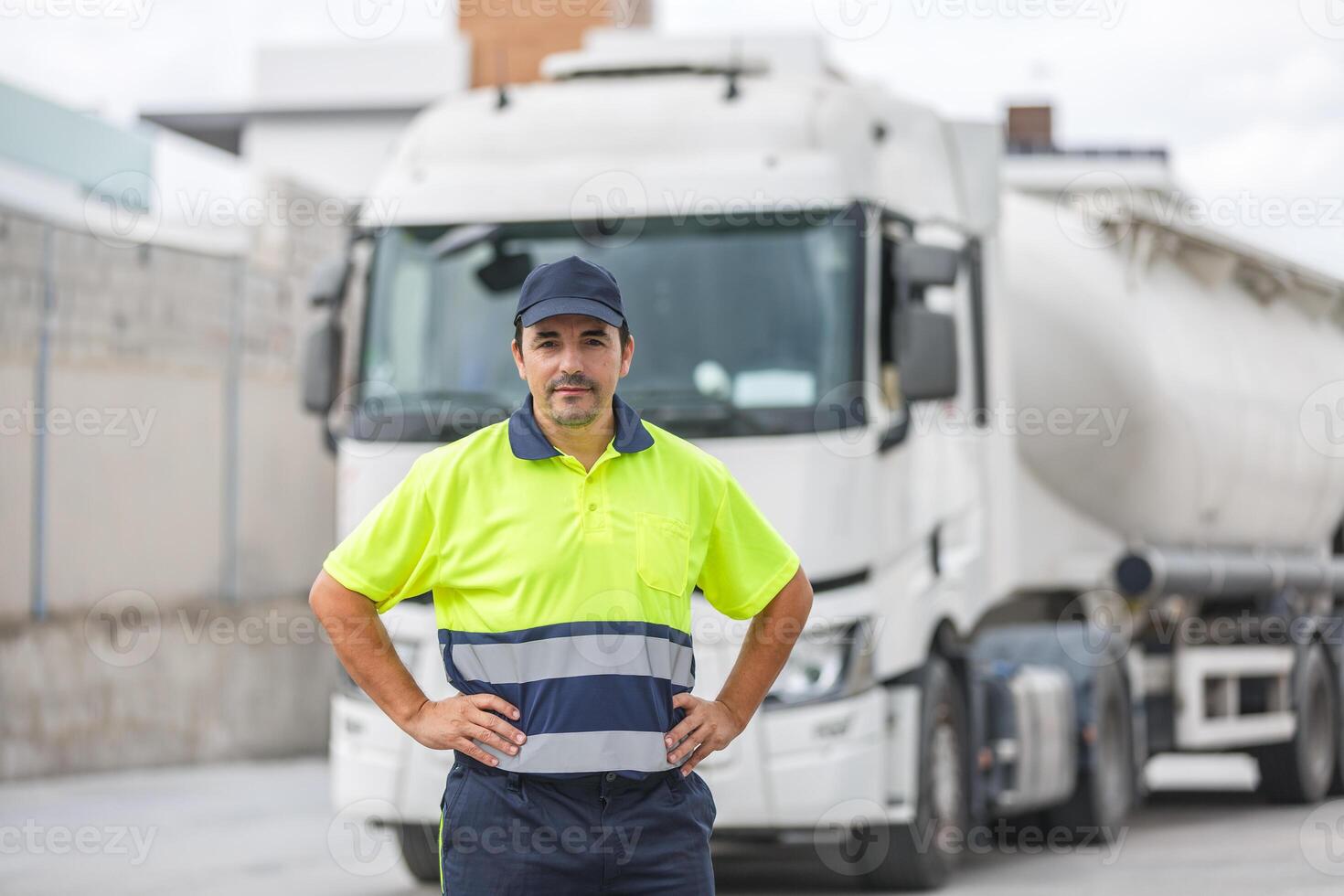 självsäker manlig mekanisk ingenjör stående nära lastbil foto