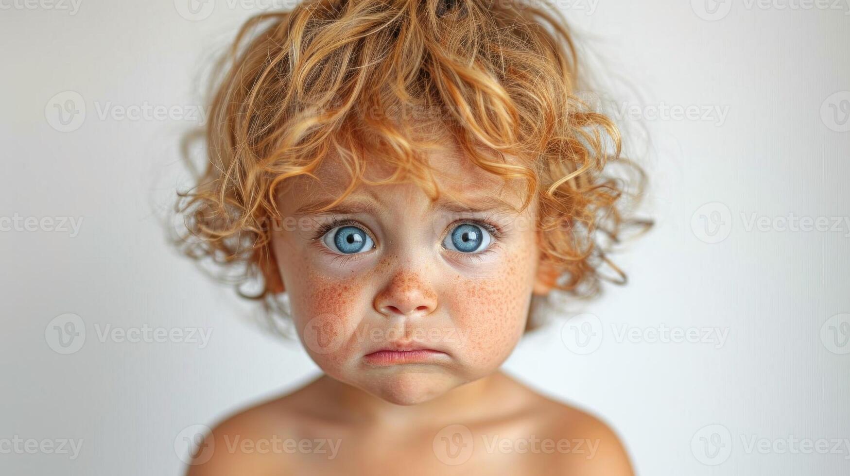 ai genererad porträtt av en ledsen söt rödhårig pojke med blå ögon. foto