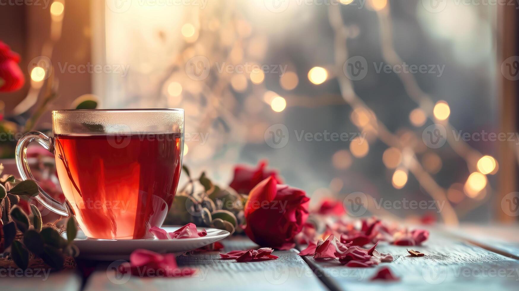 ai genererad romantisk te tid en värma kopp bland ro och blinkande lampor foto