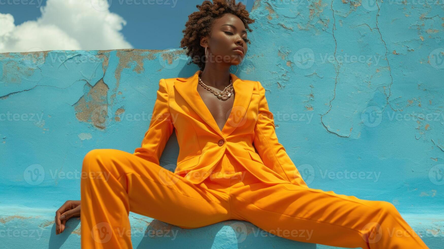ai genererad självsäker modern afrikansk företag kvinna bär gul jacka med en sofistikerad hår stil Sammanträde utomhus- med henne ben stödd upp. foto