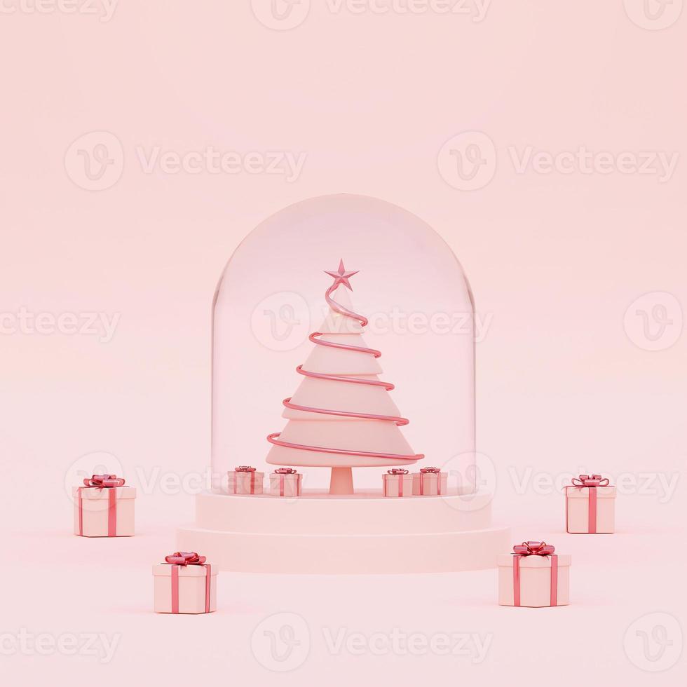 julgran i en snöklot med julklappar på en rosa bakgrund, 3d -rendering foto