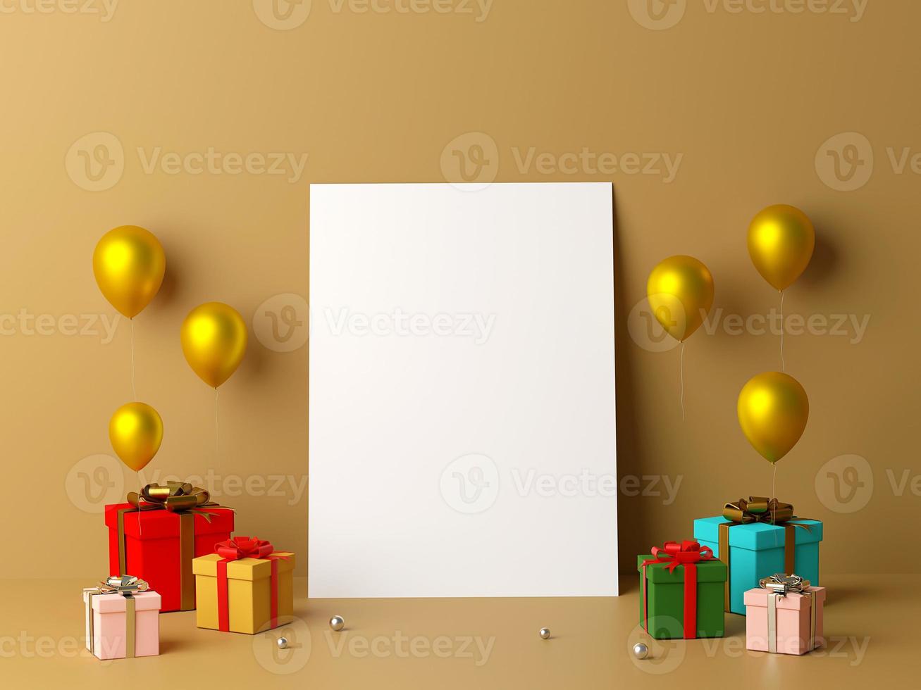 scen av tomt vitt papper lutad mot väggen och gåvor, 3d -rendering foto