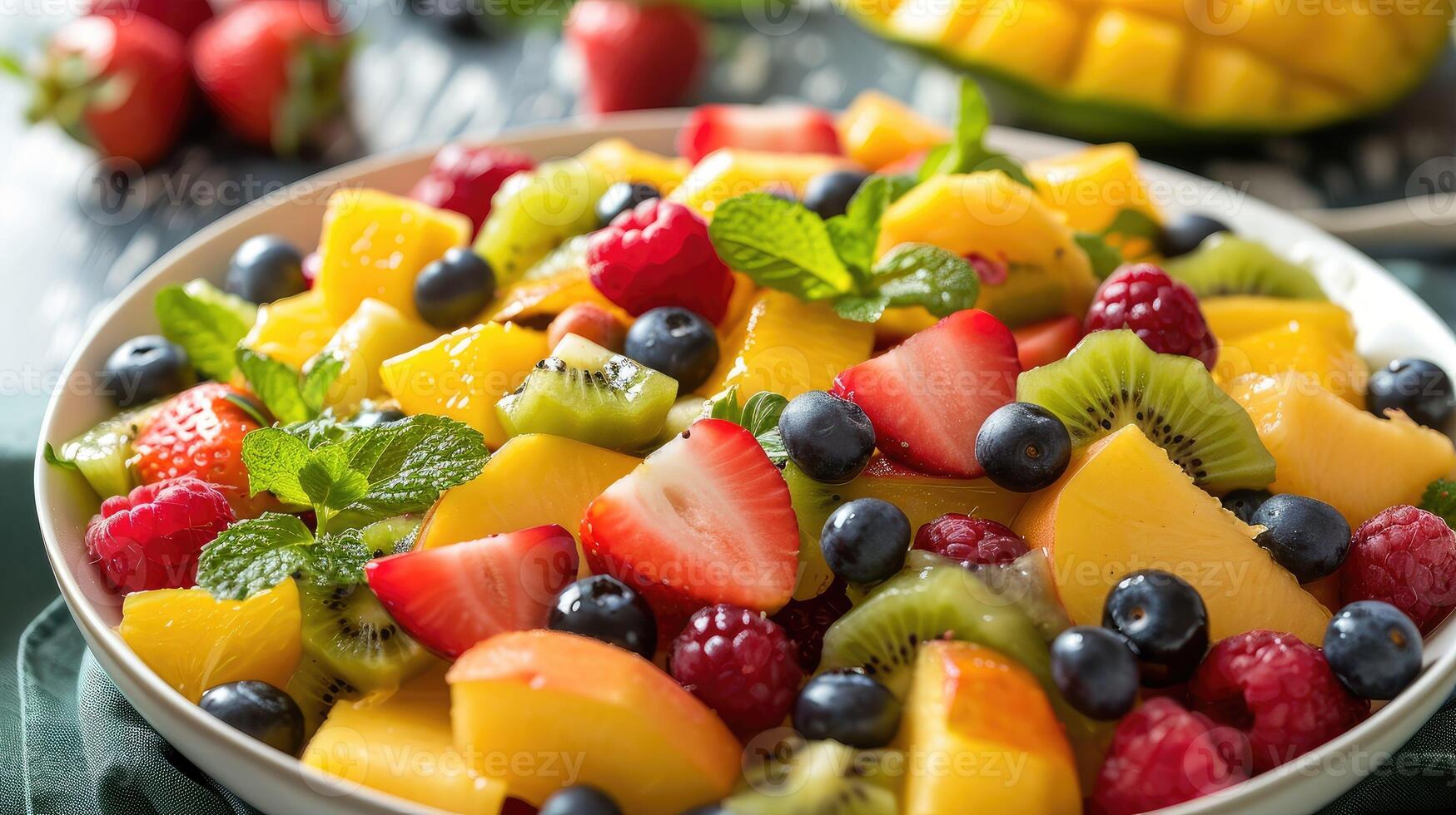 ai genererad färgrik ramadan frukt sallad - en brista av smak och näring foto