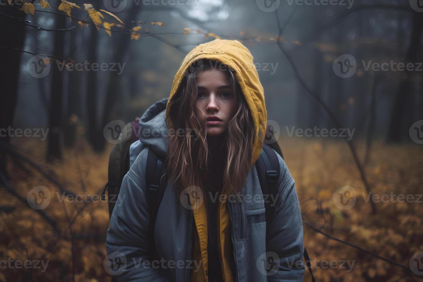 ai genererad lång håriga caucasian flicka förlorat i höst skog på dag, neuralt nätverk genererad fotorealistisk bild foto