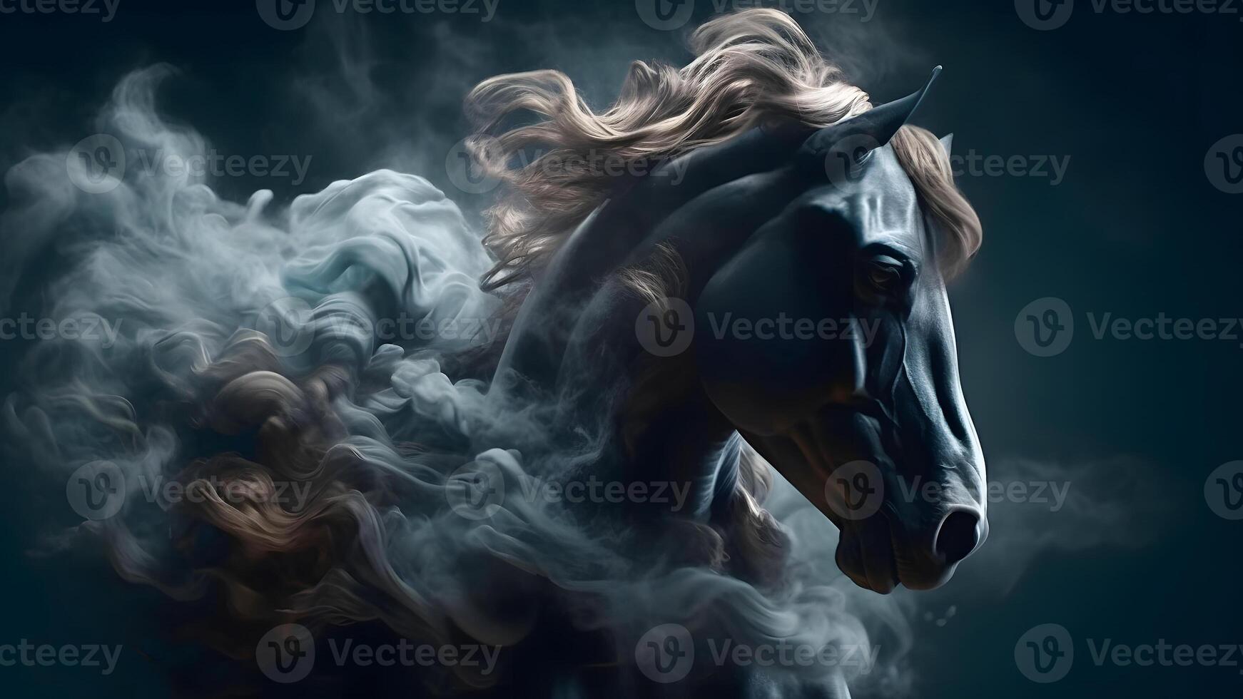ai genererad konstnärligt belyst häst huvud med rök och ånga på svart bakgrund, neuralt nätverk genererad bild foto