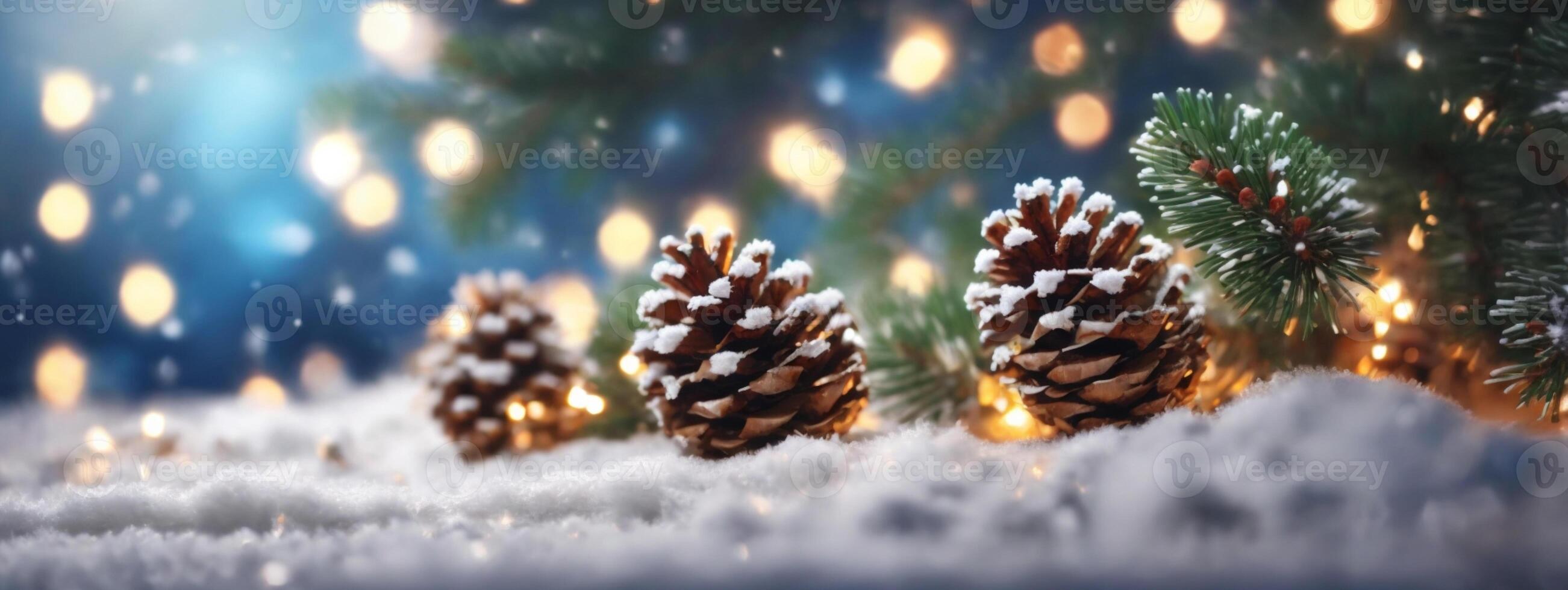 jul dekoration baner - snöig tall koner på gran gren med lampor. ai genererad foto
