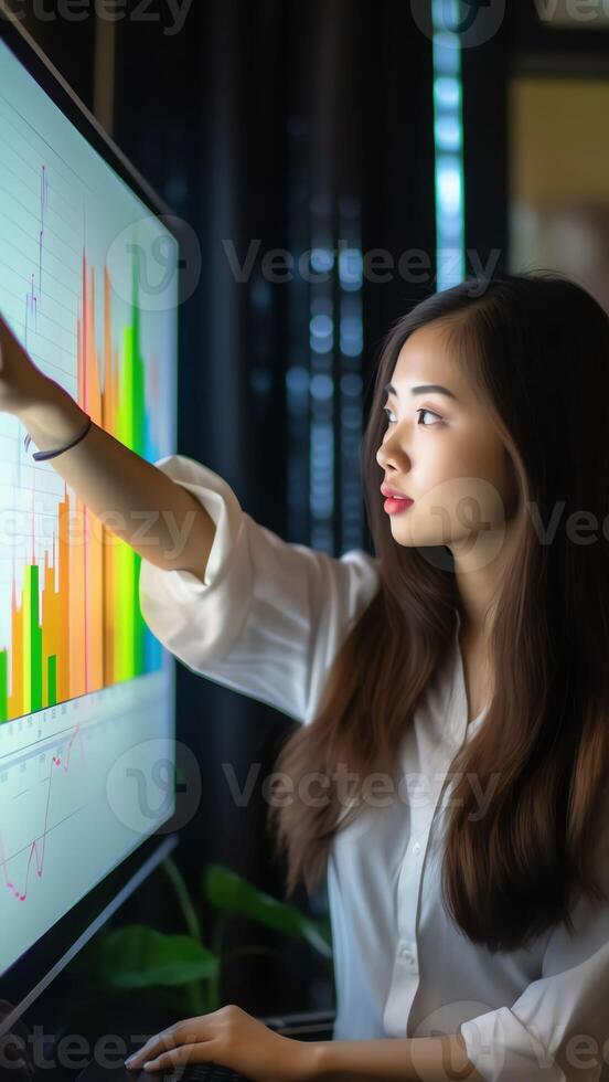 ai generativ självsäker företag professionell finansiera näringsidkare kvinna använder sig av app på smartphone Sammanträde på skrivbordet övervaka med handel infographics diagram priser chattar uppkopplad få inkomst vinst smili foto