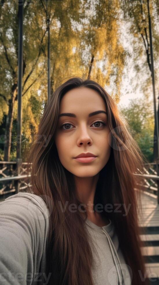 ai generativ beatiful caucasian flicka tar en selfie utomhus- foto