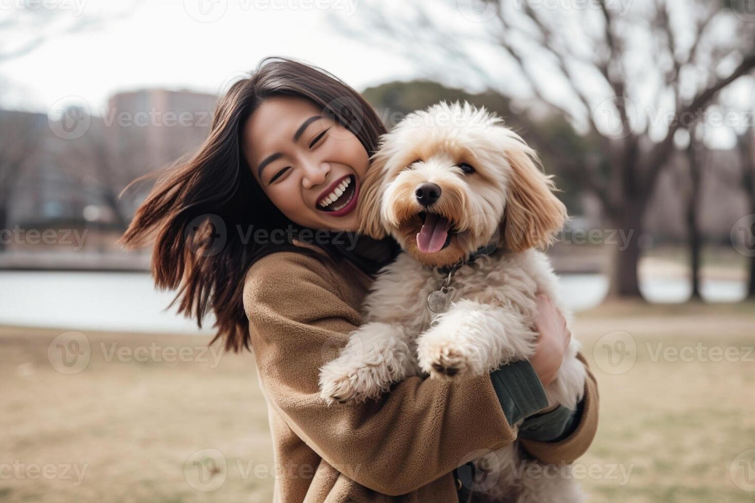 ai generativ caucasian kvinna skrattande och har roligt på de parkera med henne valp hund foto