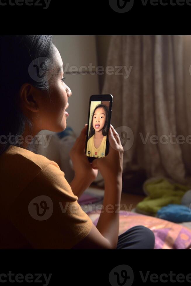 ai generativ dotter talande med mor uppkopplad använder sig av smartphone på video ring upp stänga upp på telefon skärm fokus på händer karantän humör foto