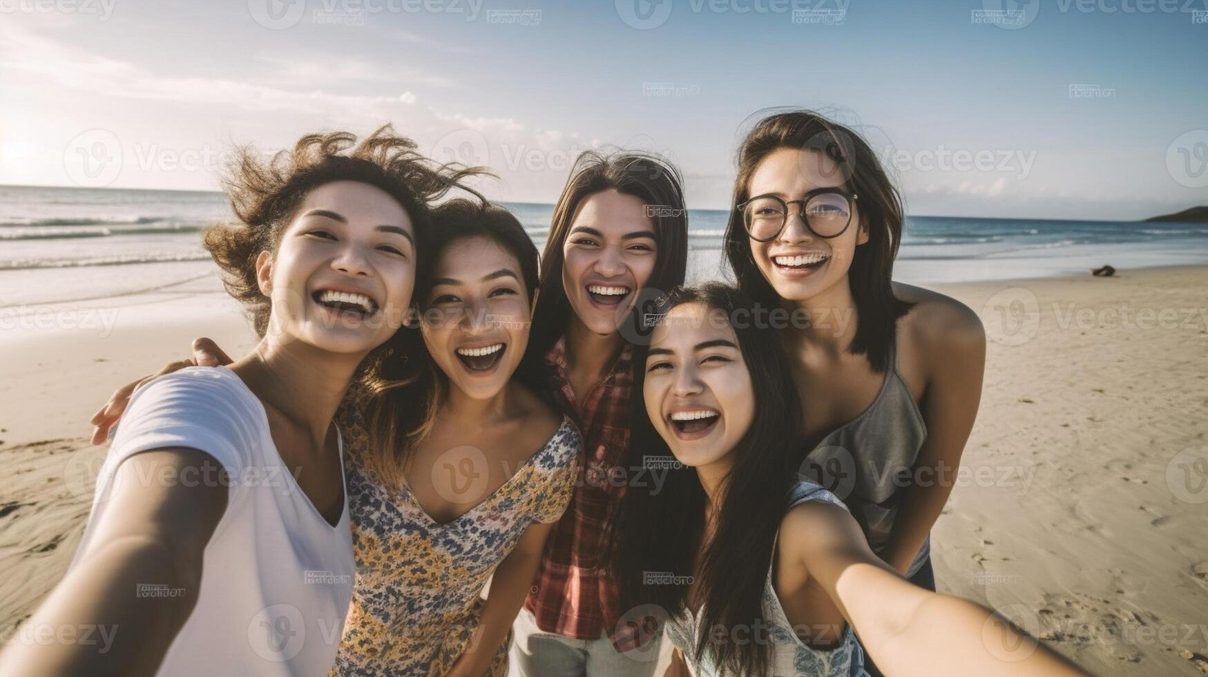 ai generativ grupp av Lycklig vänner tar en selfie på de strand begrepp handla om teknologi människor och livsstil foto