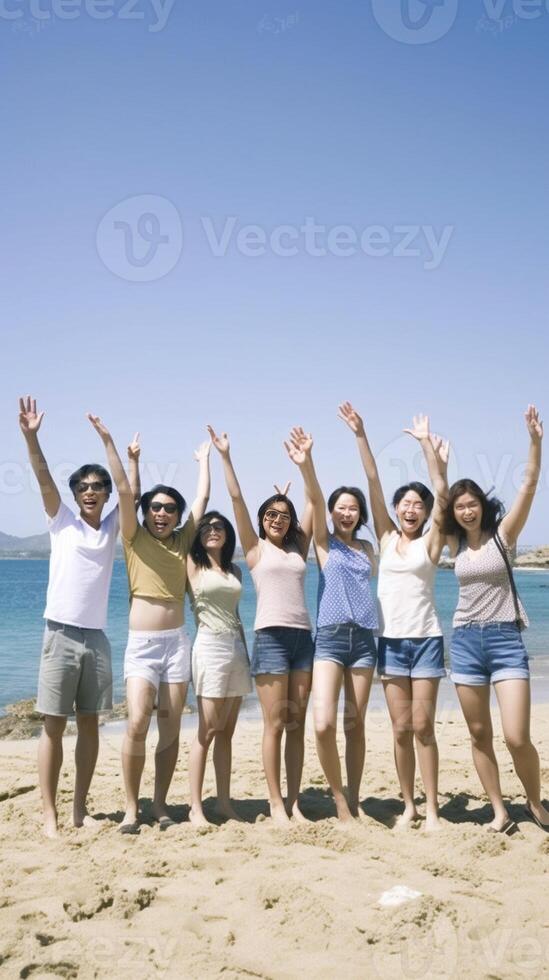 ai generativ grupp av Lycklig vänner tar en selfie på de strand begrepp handla om teknologi människor och livsstil foto