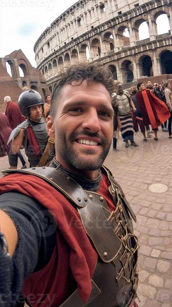 ai generativ stilig Lycklig ung man tar en selfie på de colosseum i rom på semester i Italien foto