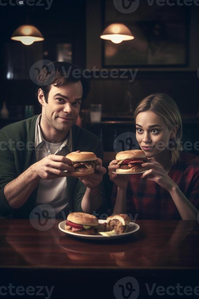 ai generativ Lycklig par äter burger Sammanträde på pub restaurang snabb mat tabell ung människor har lunch ha sönder på Kafé bar mötesplats liv stil begrepp med kille och flicka hängande ut på helgen foto