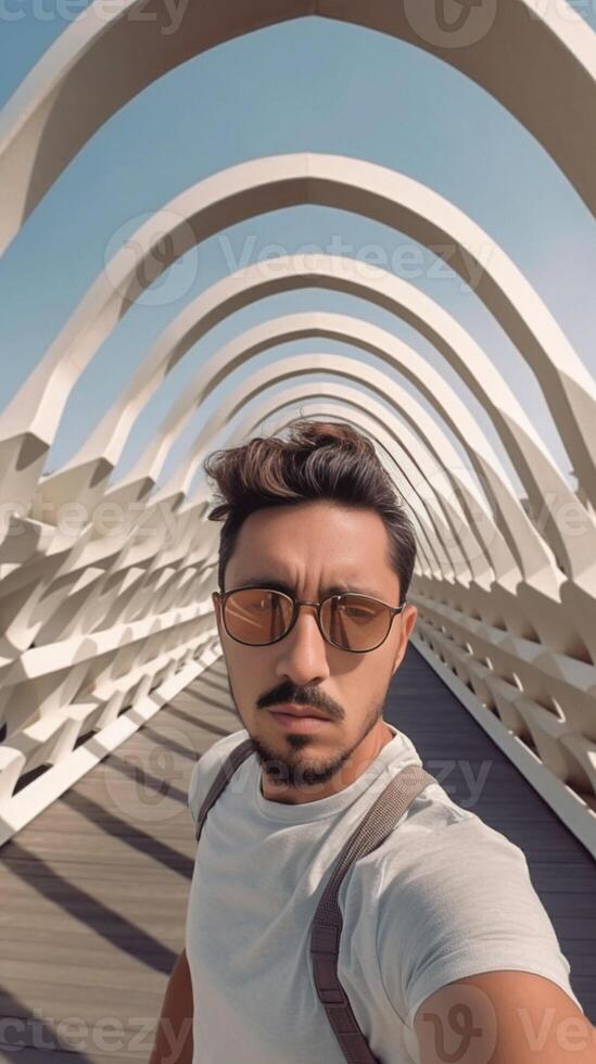 ai generativ Lycklig manlig turist tar selfie bild i främre av pont del bisbe i barcelona Spanien resa teknologi och livsstil begrepp foto
