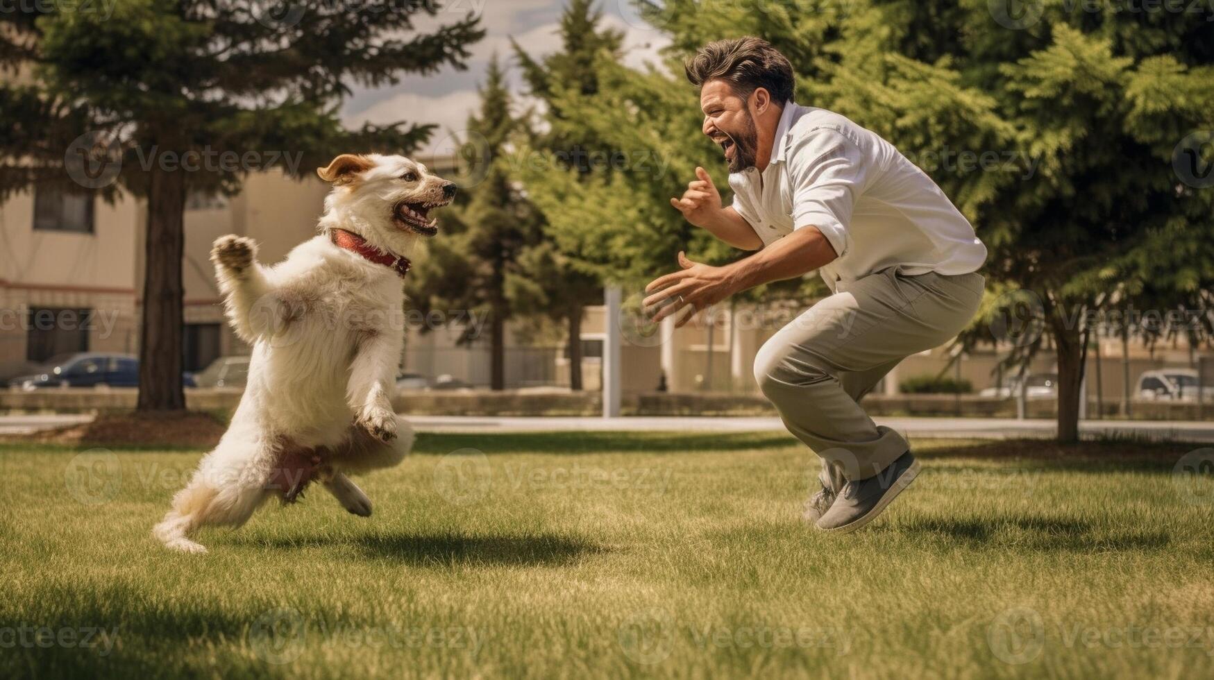 ai generativ Lycklig ägare och hund har roligt tillsammans löpning på de parkera man spelar med hans valp utanför djur och mänsklig livsstil begrepp foto