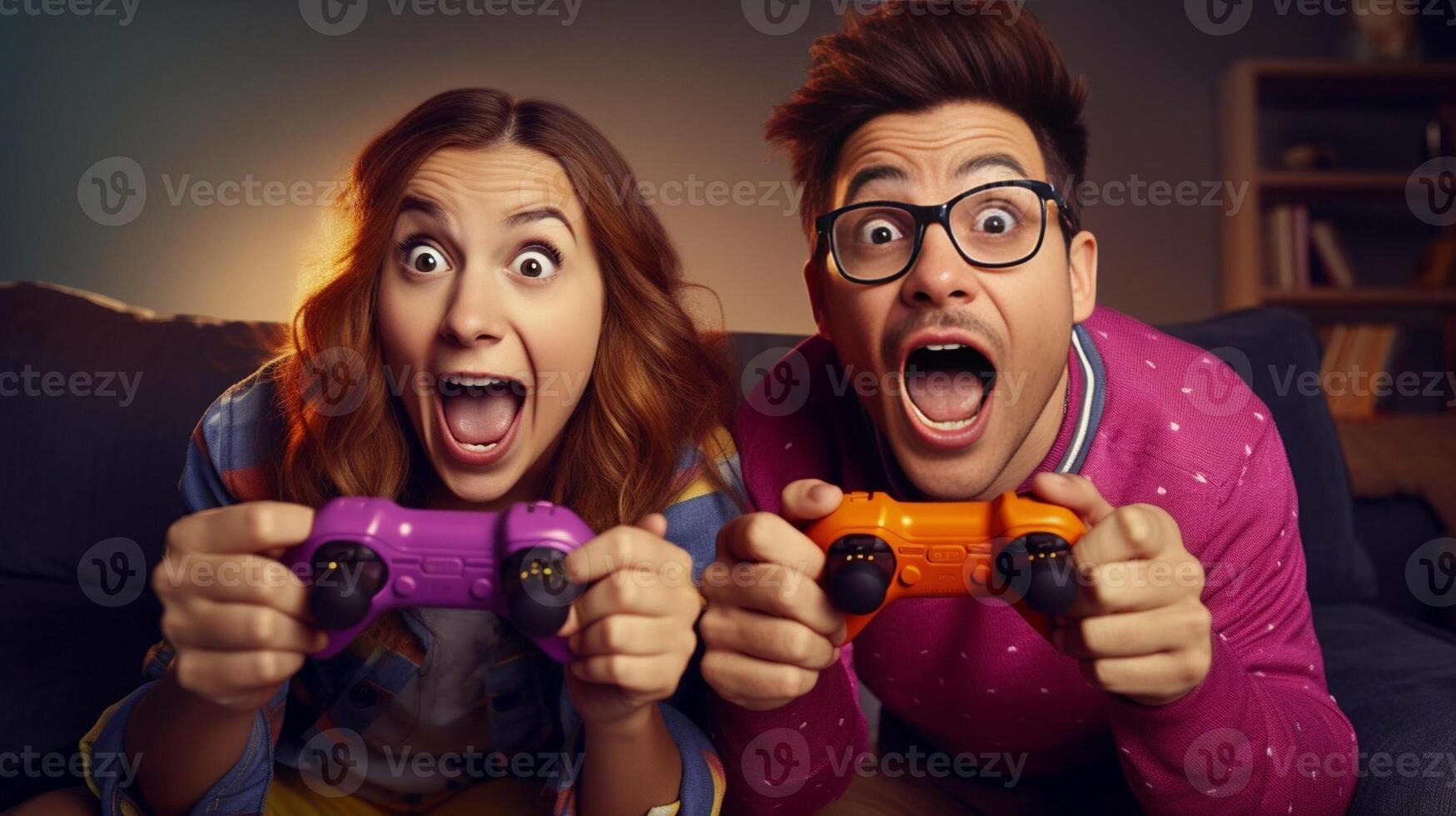 ai generativ Lycklig ung par har roligt spelar Videospel på Hem begrepp handla om Videospel livsstil människor och teknologi foto