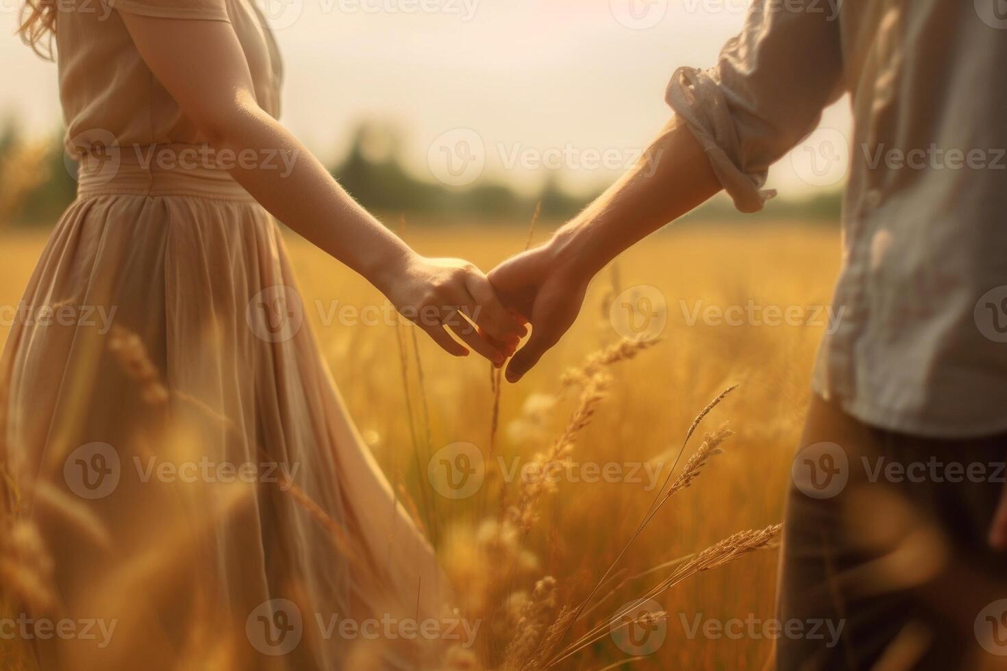 ai generativ kärleksfull par löpning i en vete fält innehav deras händer upp begrepp handla om frihet kärlek natue människor och livsstil foto