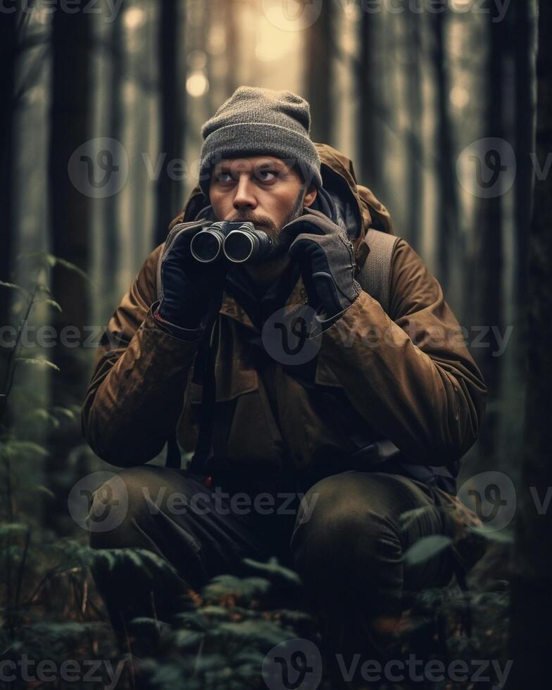 ai generativ manlig vandrare stående i mörk skog man med ryggsäck gående i mysterium skog resande i natur mod risk och Framgång begrepp foto