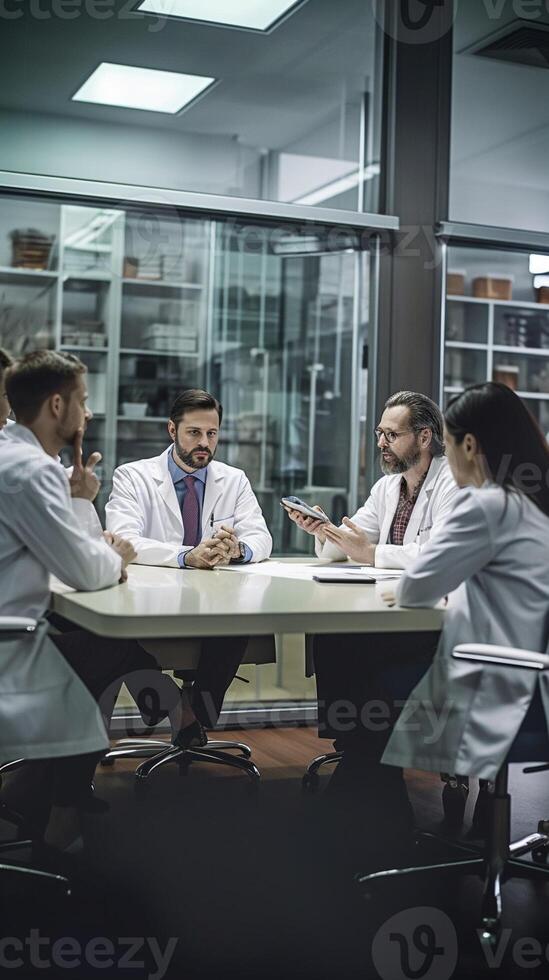 ai generativ mång etnisk grupp av doktorer Sammanträde på tabell har möte i de kontor äldre läkare undervisning på en seminarium i styrelse rum pedagogisk klass på konvent Centrum hälsa vård li foto