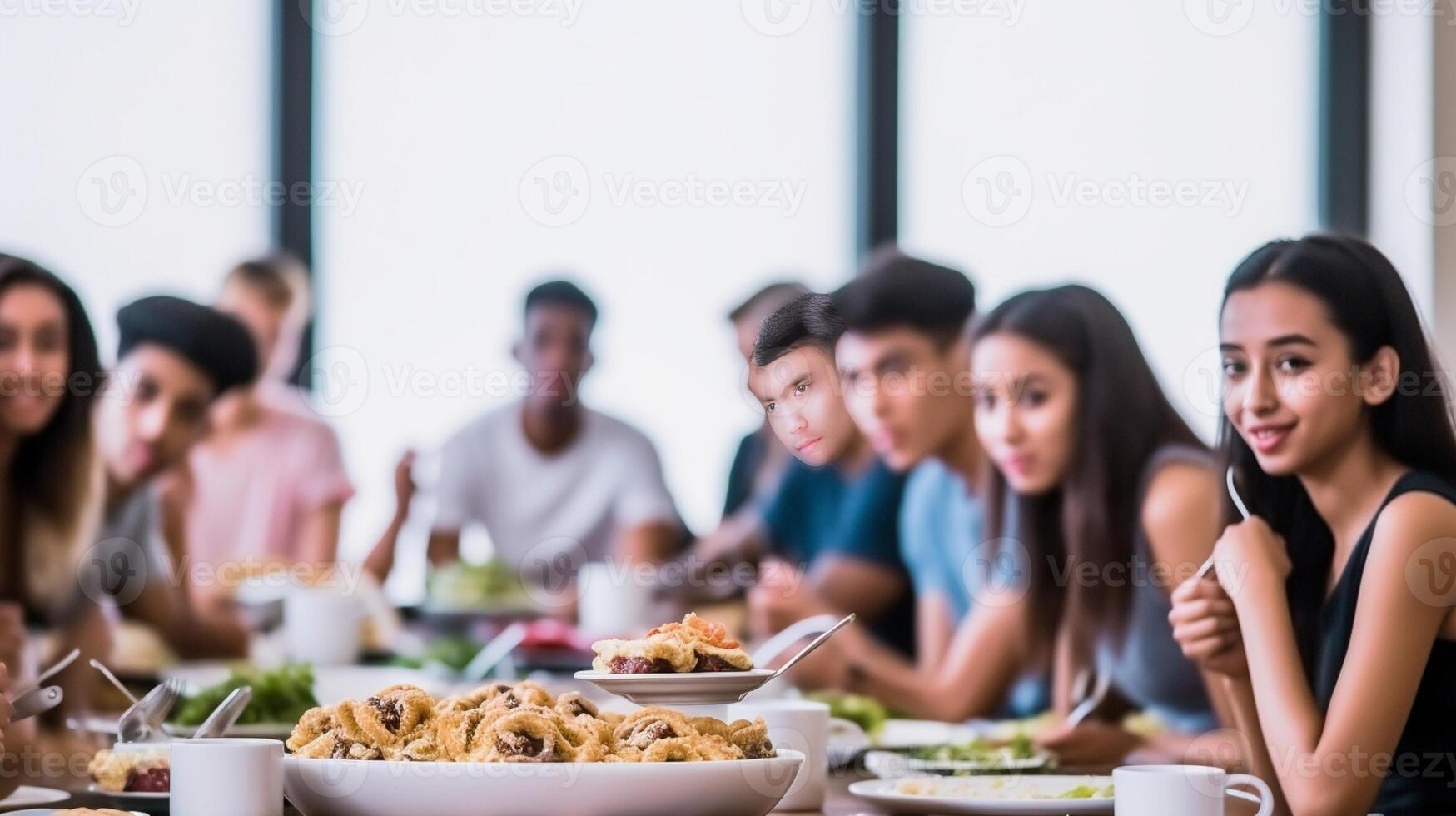 ai generativ raser grupp av vänner har middag fest Sammanträde på kaffe bar tabell ung människor njuter måltid på morgon- brunch tid liv stil begrepp med kvinnor och män på lunch brea foto