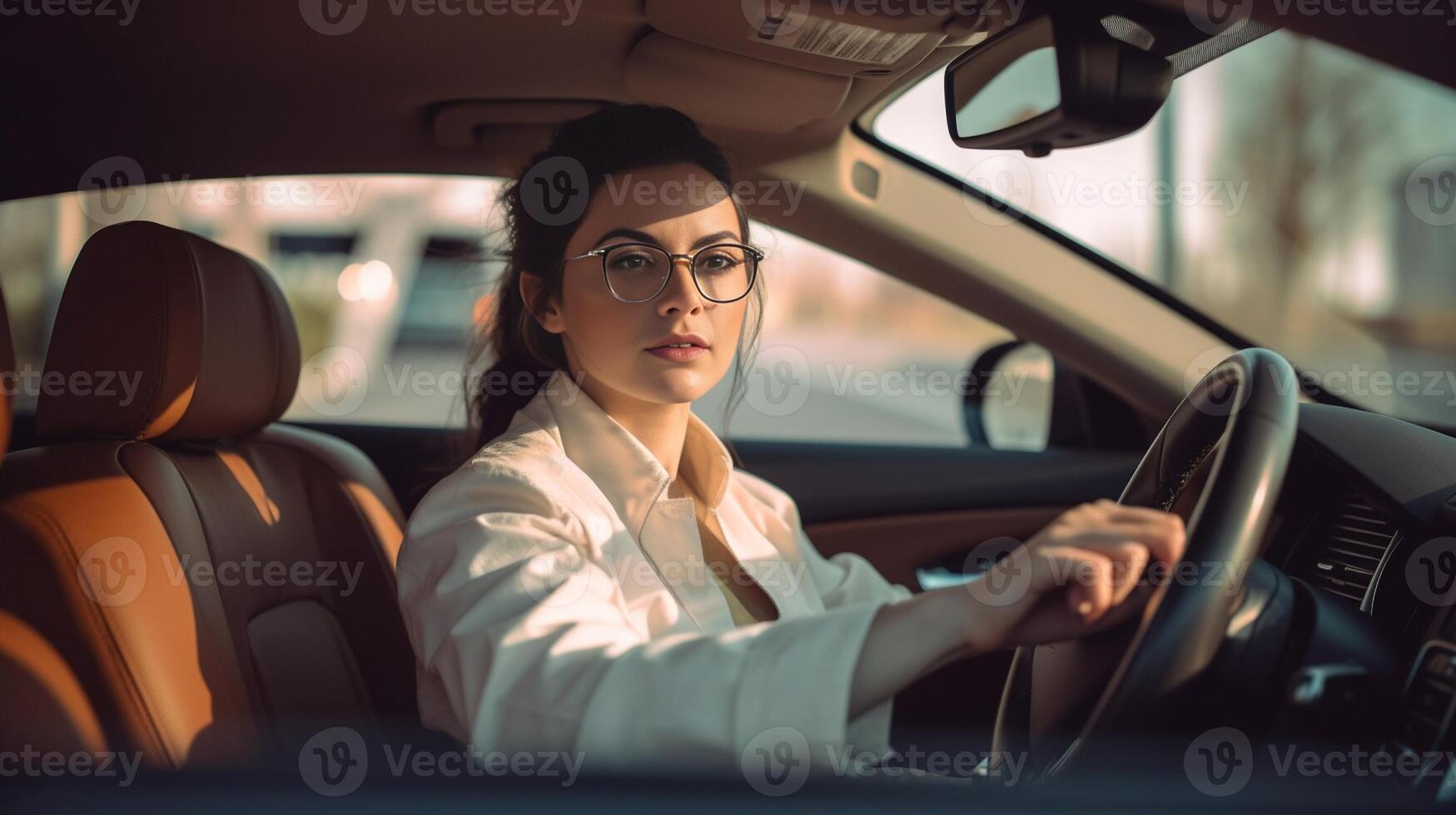 ai generativ Foto av positiv härlig kvinna förare njuter bil rida Lycklig ung kvinna uppköp ny bil bil industri och uthyrning bil begrepp