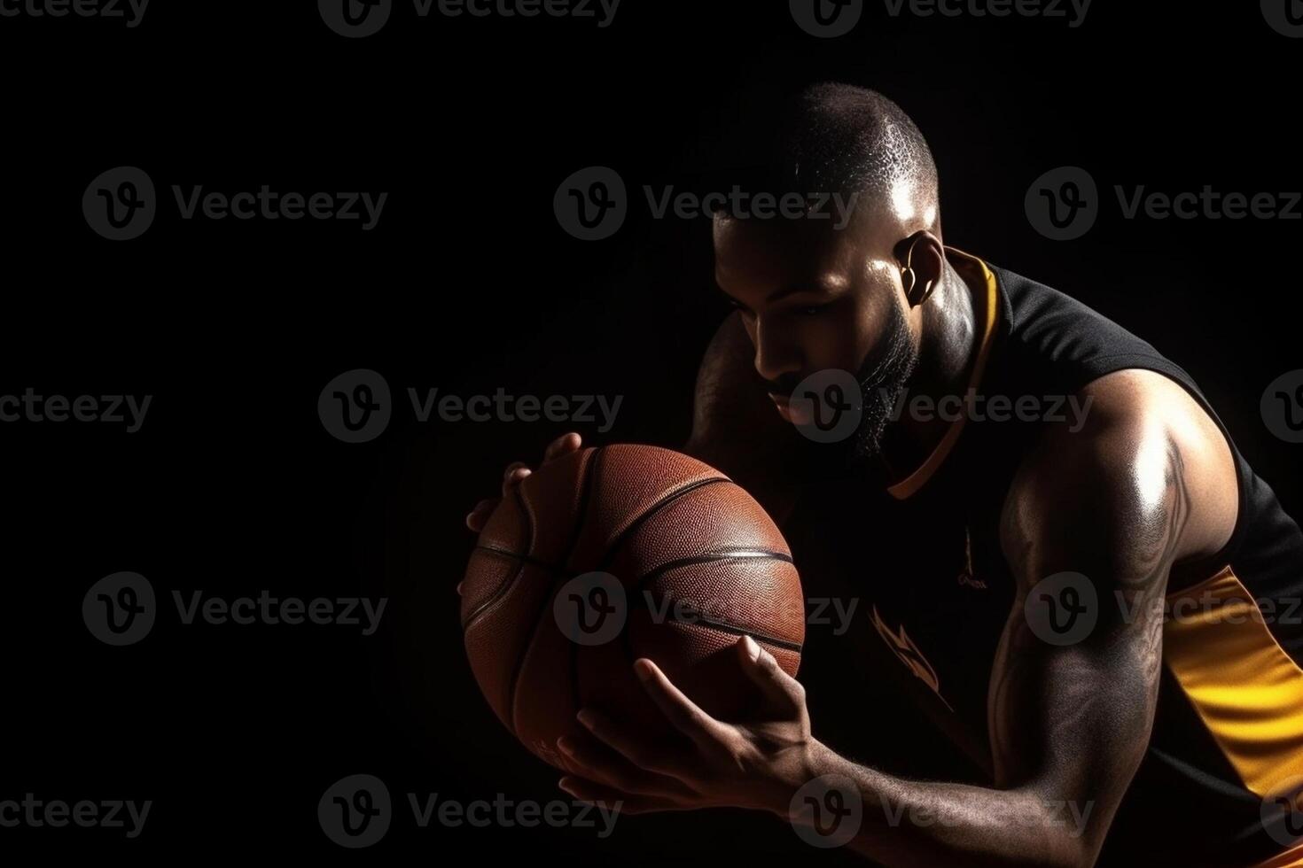 ai generativ porträtt av en basketboll spelare innehav boll med händer idrottare koncentrering på spel selektiv fokus på de boll foto