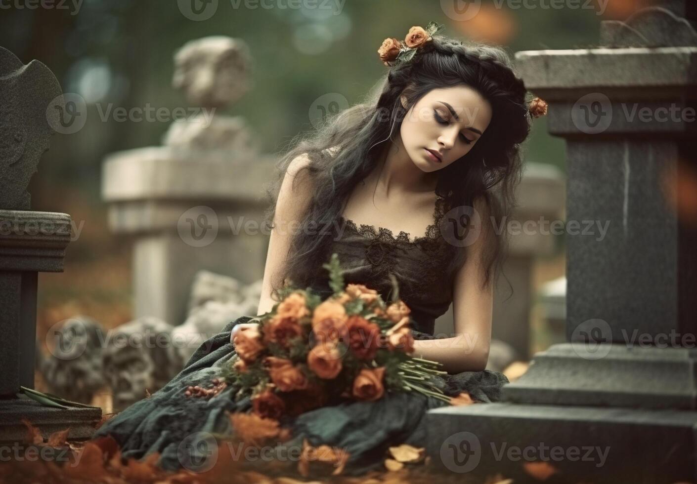 ai generativ ledsen kvinna i de kyrkogård innehav bukett av ro i henne hand foto