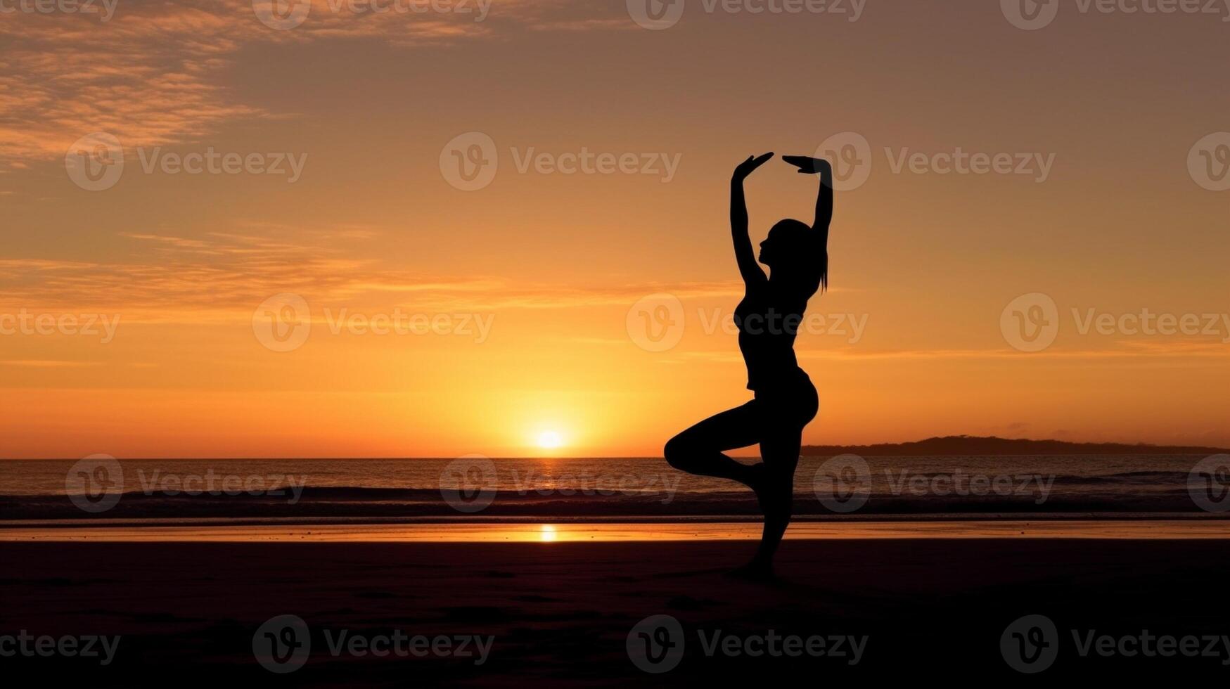 ai generativ silhuett av en ung kvinna svängande på de strand på solnedgång foto