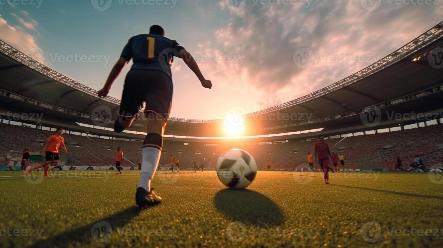 ai generativ fotboll spelare är Träning ensam på de stadion på solnedgång begrepp handla om fotboll sport människor och livsstil foto