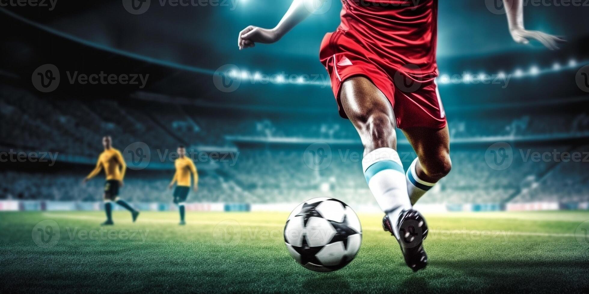 ai generativ fotboll spelare spelar fotboll på stadion begrepp av sport konkurrens rörelse övervinnande foto