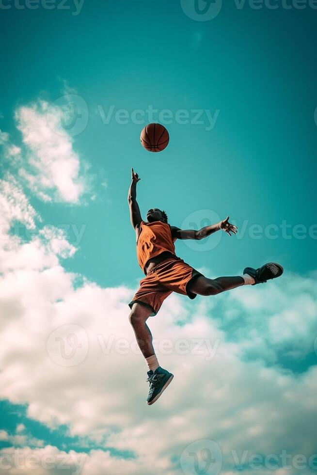 ai generativ gata basketboll spelare framställning en kraftfull slam dunka på de domstol atletisk manlig Träning utomhus- på en molnig himmel bakgrund sport och konkurrens begrepp foto