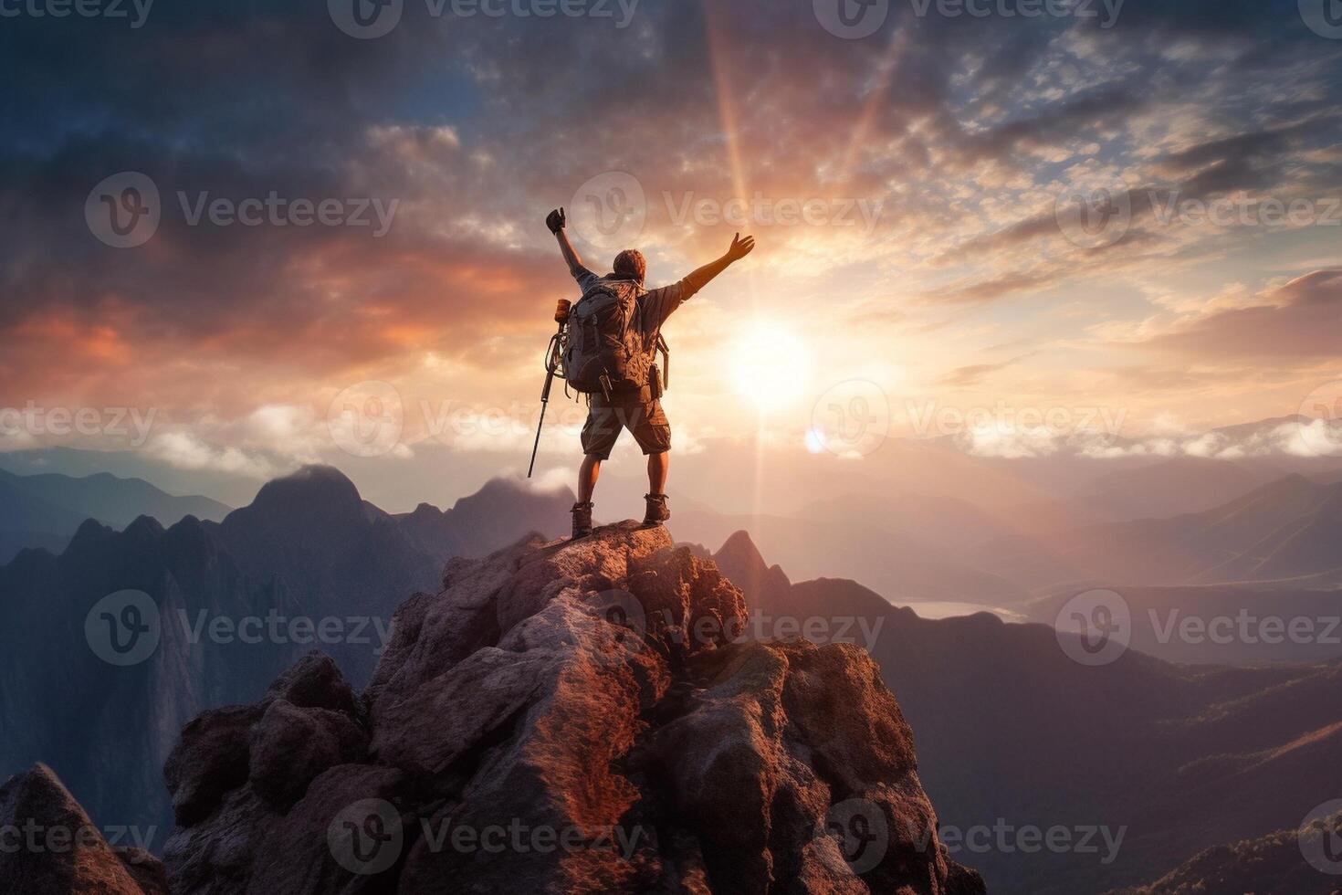 ai generativ framgångsrik vandrare vandring en berg pekande till de solnedgång vild man med ryggsäck klättrande en sten över de storm Framgång reslust och sport begrepp foto