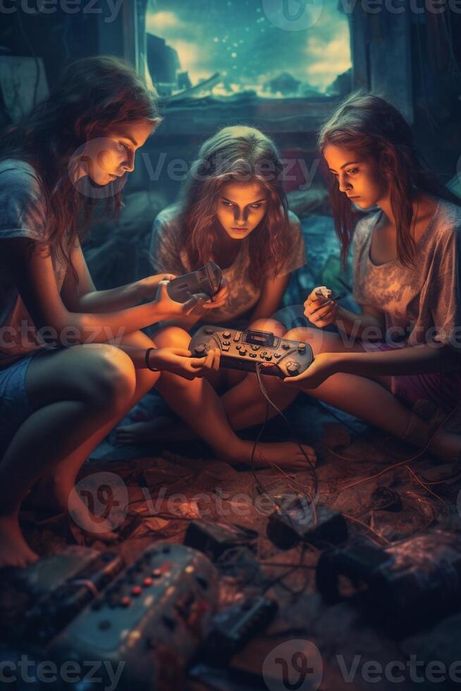 ai generativ tre kvinnor spelar video spel Sammanträde på soffa på Hem Lycklig vänner har roligt med social spel teknologi och ungdom kultur begrepp foto