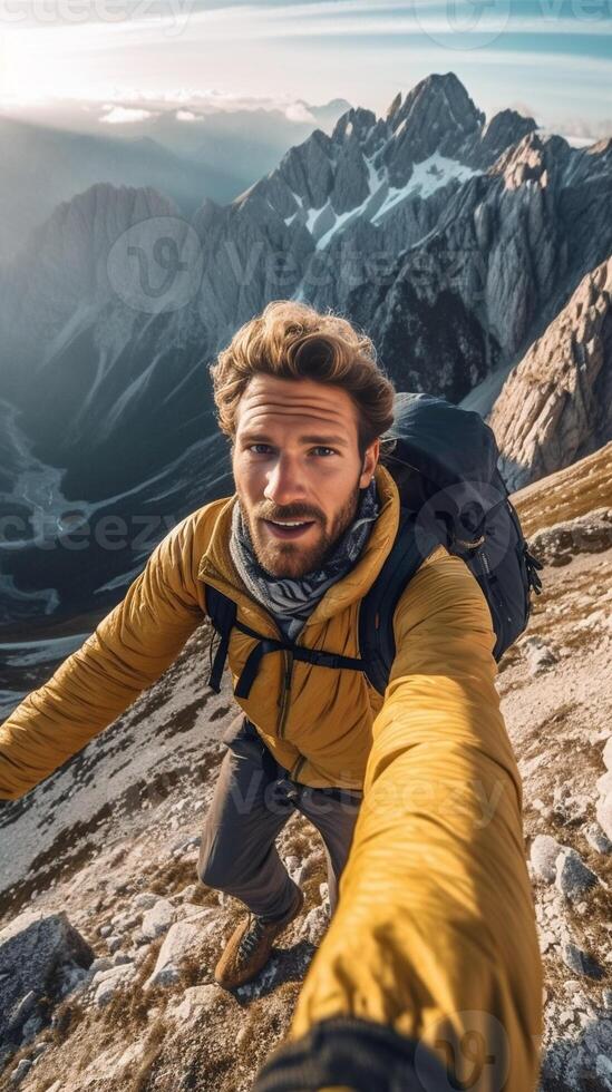 ai generativ ung man tar en selfie med mobil smart telefon vandring bergen Lycklig leende kille ser på kamera värma höst filtrera foto