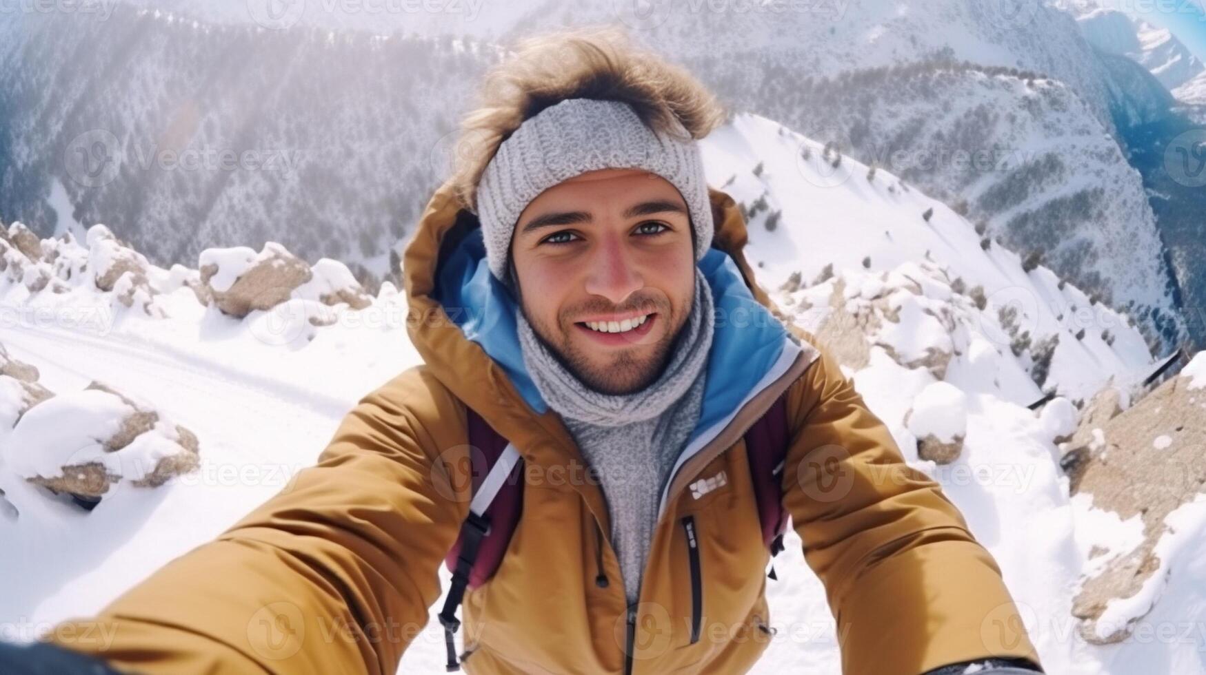ai generativ ung man bär vinter- kläder tar selfie bild i vinter- snö berg Lycklig kille med ryggsäck vandring utanför rekreation sport och människor begrepp foto