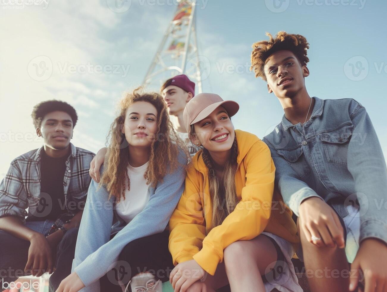 ai generativ ung raser vänner har roligt hängande ut i stad grupp av mångkulturell ung människor ridning med skateboard på stad gata grå och gul färger foto