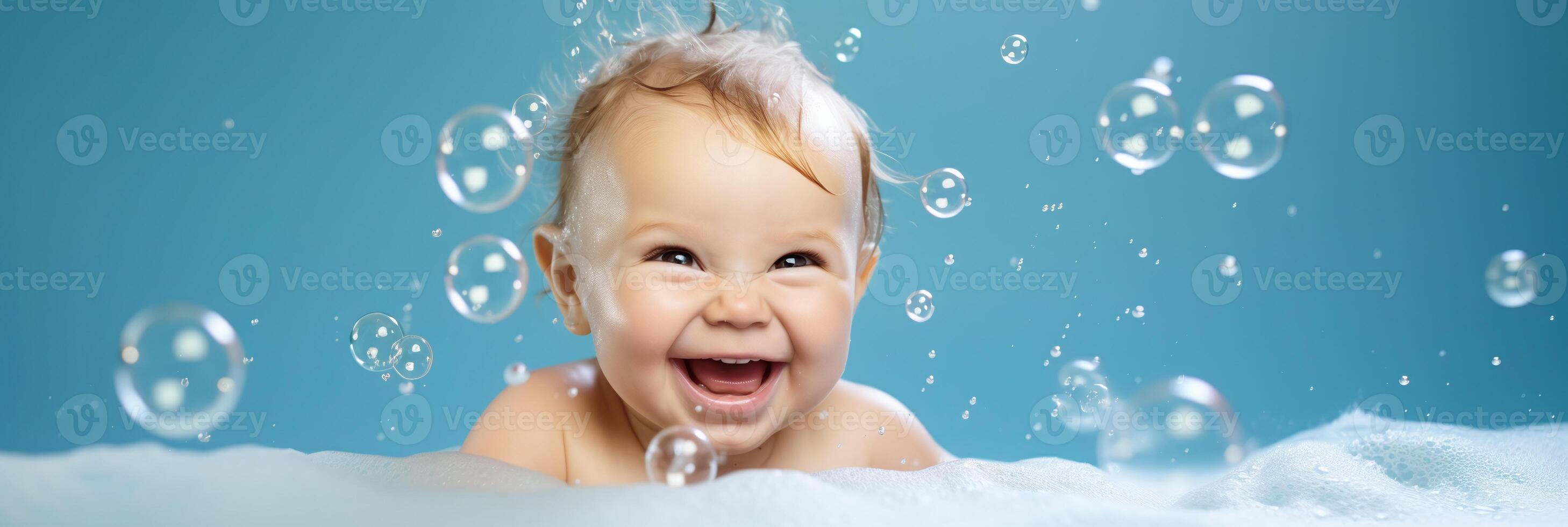 ai genererad glad bebis skrattande med bubblor under bad tid, perfekt för familj bloggar, föräldraskap artiklar, och bebis vård Produkter. foto