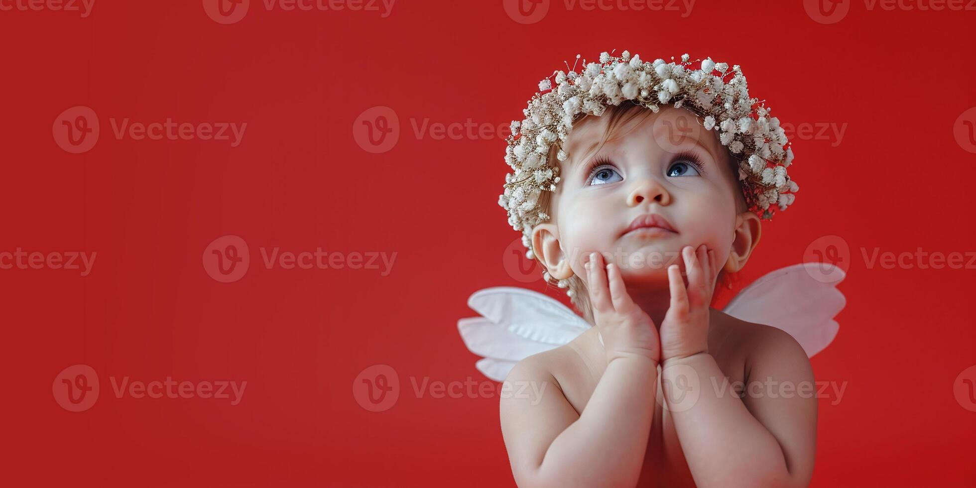 ai genererad baner oskyldig bebis ängel med blommig krona på röd, drömmande kerub med vingar foto