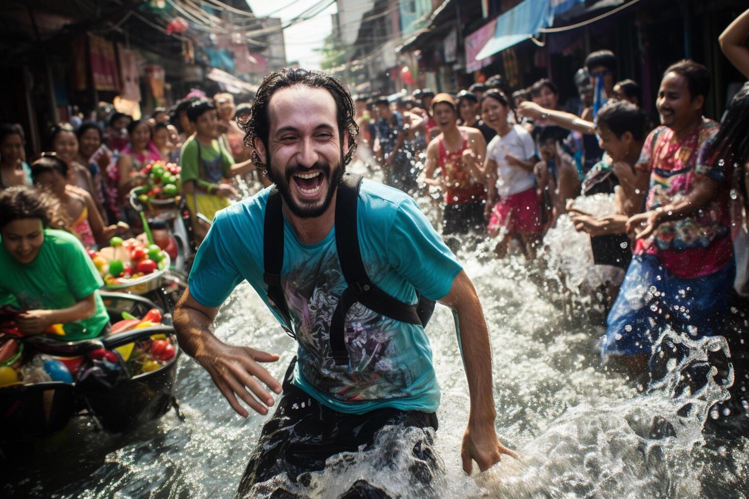 ai genererad thai man spelar vatten i songkran festival bokeh stil bakgrund med generativ ai foto