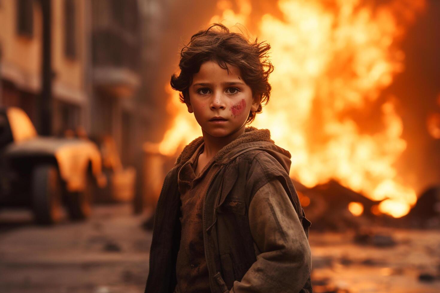 ai genererad en ung pojke stående i främre av en brinnande byggnad bokeh stil bakgrund med generativ ai foto