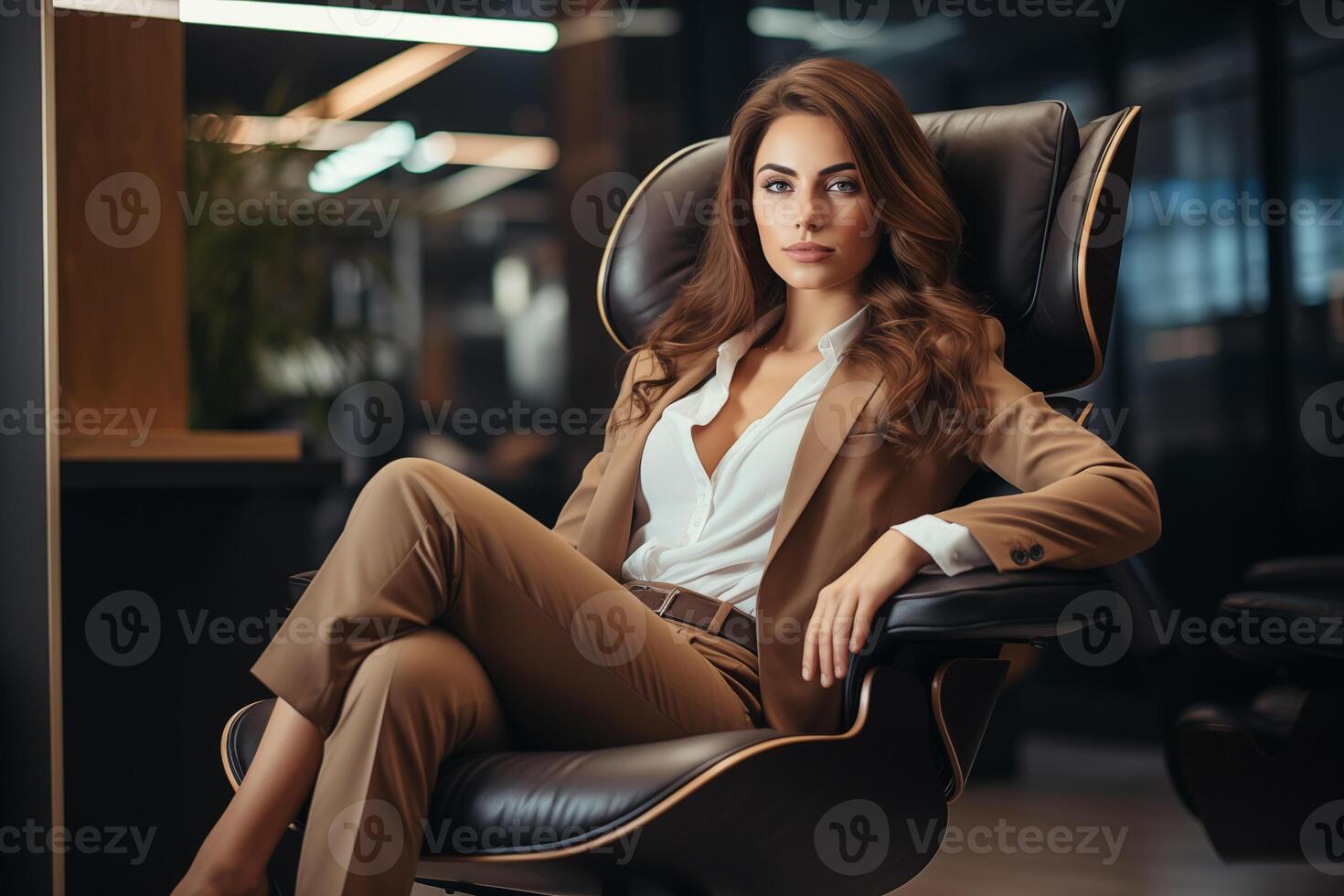 ai genererad porträtt av ung framgångsrik affärskvinna Sammanträde i modern kontor medan ser på kamera foto
