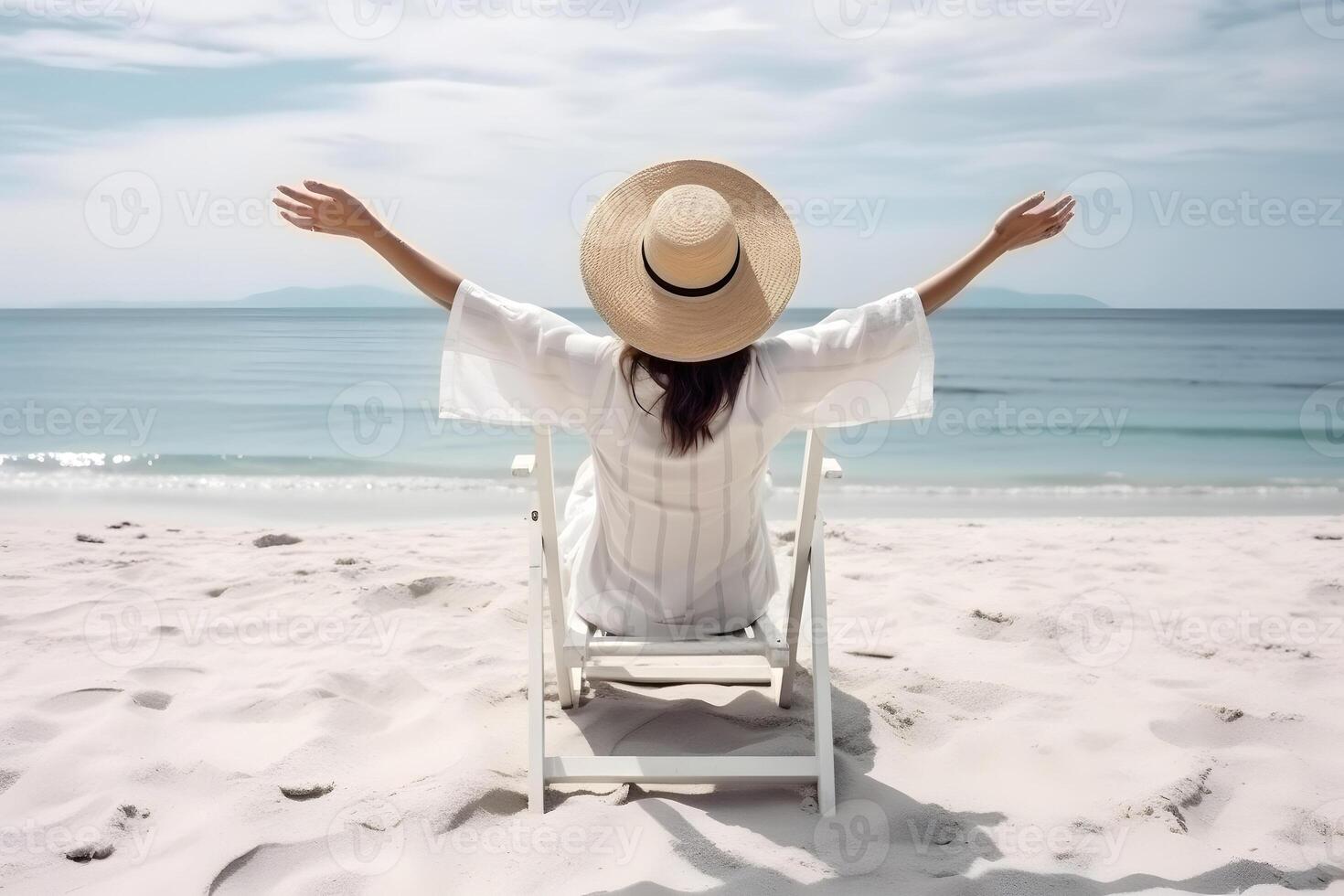 ai genererad sommar strand semester begrepp. tillbaka se av kvinna i Sol hatt med stigit händer på solstol, neuralt nätverk genererad konst foto